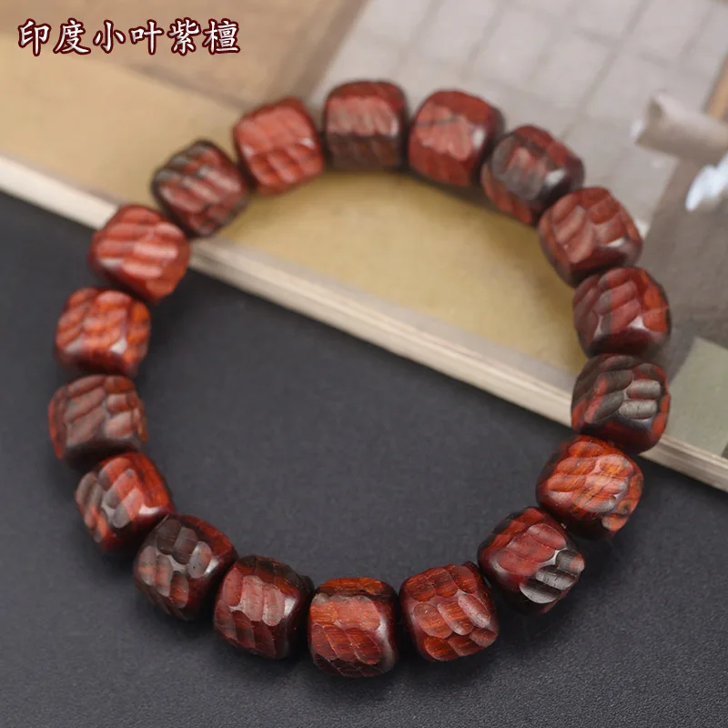 Indian small-leaf rosewood bead bracelet with hammered pattern carving, unisex Buddhist prayer beads for collection and personal
