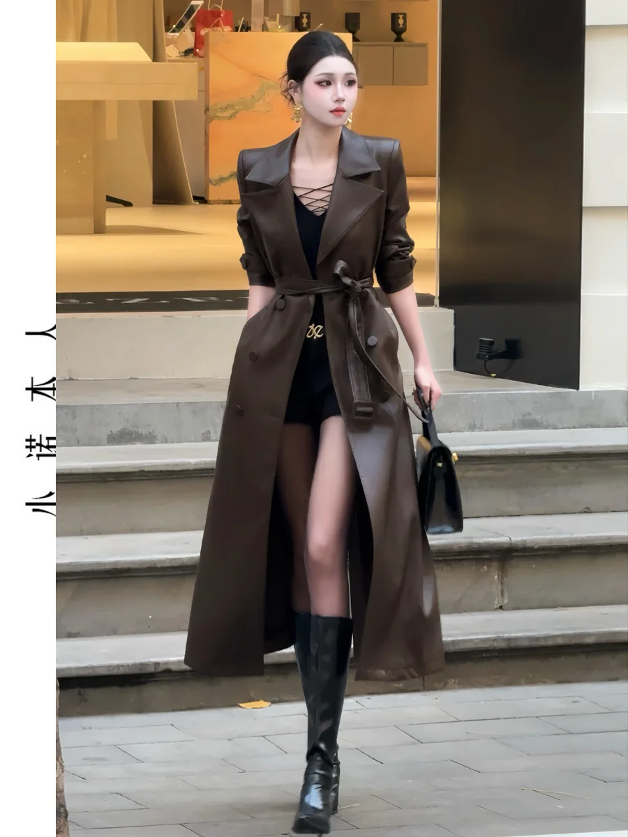 

Женское пальто из искусственной кожи длиной до колена, корейская версия, приталенное, двубортное, из полиэфирного волокна, для повседневной носки