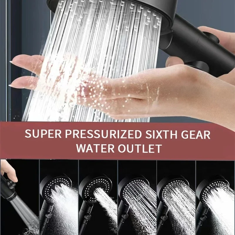 High Pressure Shower Head 6 Modes Adjustable Showerheads with Hose Water Saving One-Key Stop Spray Nozzle Bathroom Accessories