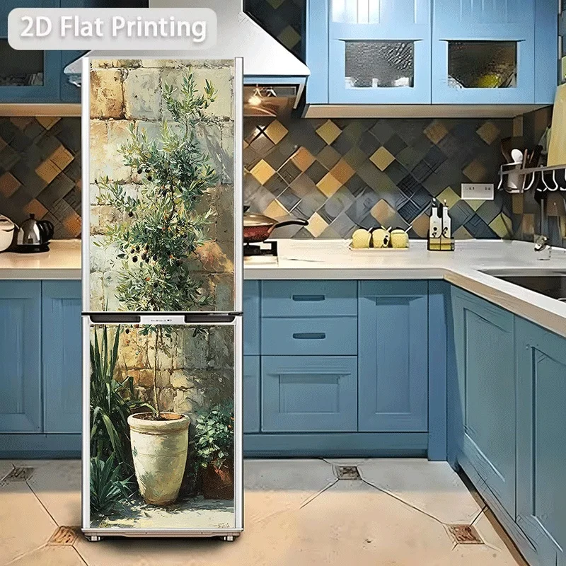 Refrigerator Sticker  Wall-Side Pot Middle Olive Green Theme Design Wall Sticker Decoration Wallpaper Self-Adhesive Refrigerat