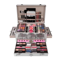 Private Label Cosmetic Gift Kit Upscale Eyeshadow Set Lipstick Lip Gloss Blush Mascara Women Makeup Brush Aluminum Case