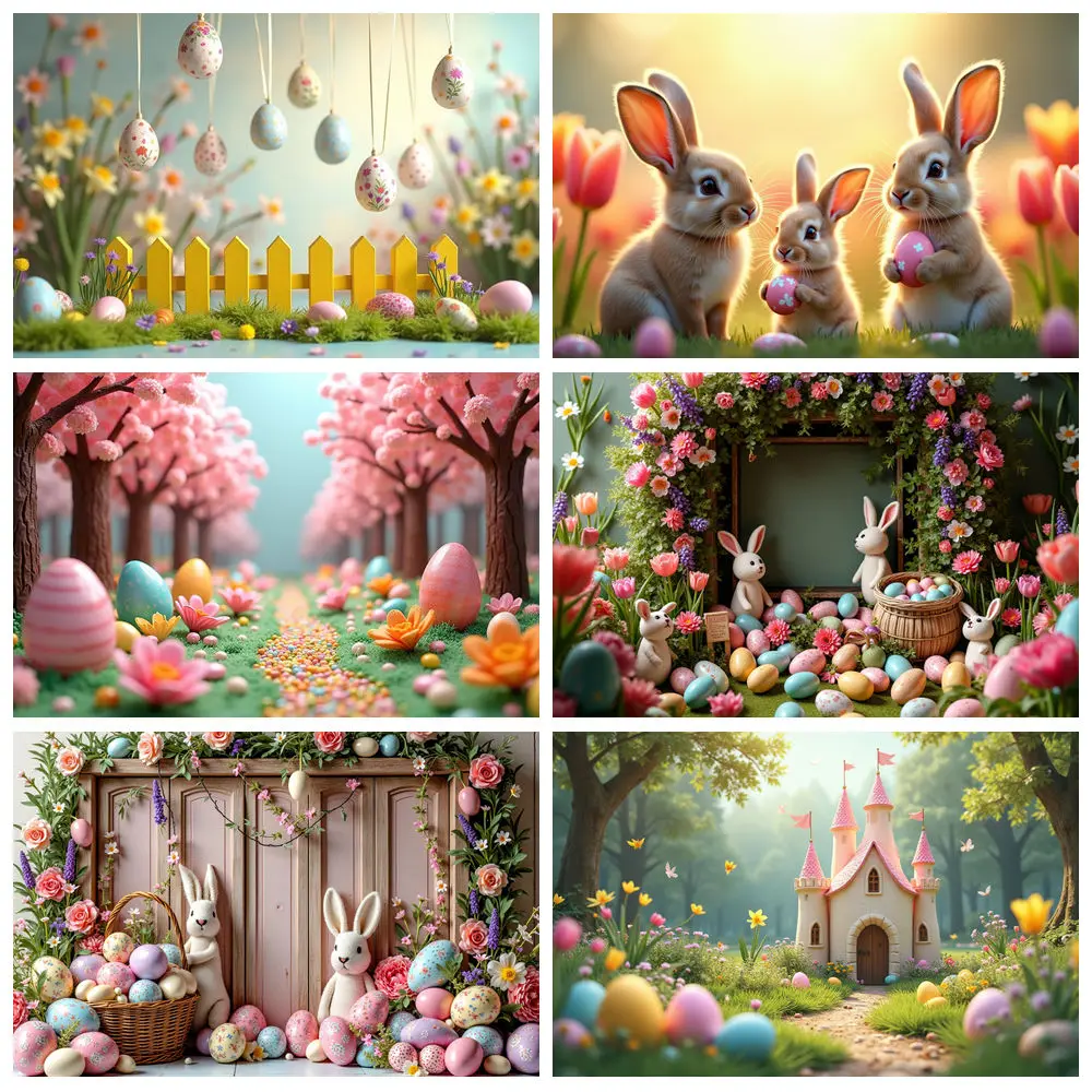 MOON.QG Easter Flower Backdrop Photography Colorful Eggs Enchanted Forest Bunny Photozone Background Child Studio Accessories