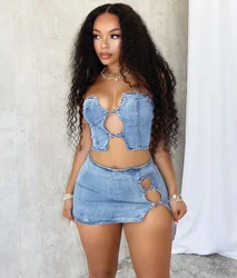 Women Set Sleeveless Denim Strapless Tops and Mini Skirt Suits 2024 Sexy Hollow Out Beach Street Two 2 Piece Set Outfits