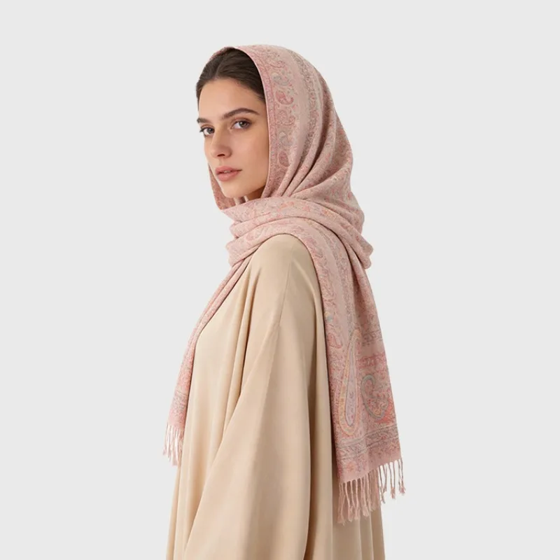 

Retro ethnic style, trendy high-end ambiance, jacquard paisley shawl headscarf Arab.
