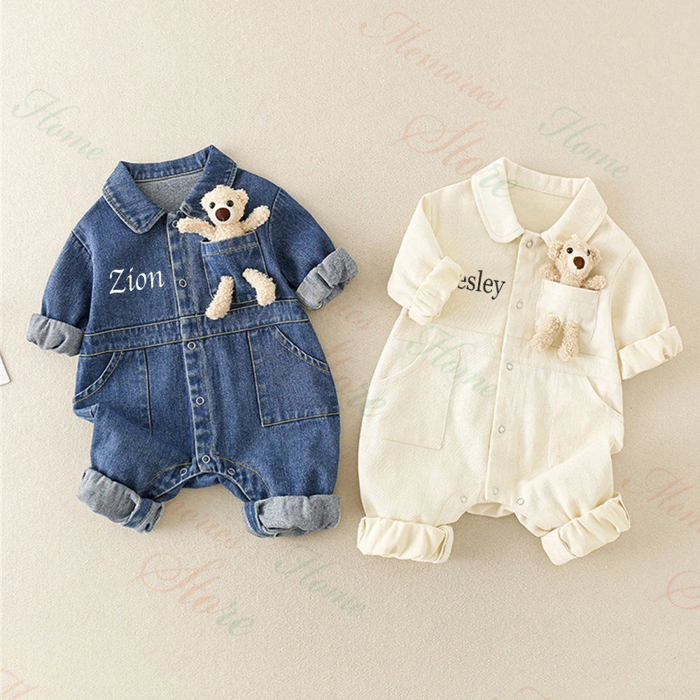 Personalized Name Infant Toddler Denim Jumpsuit New Baby Boys Girls Outgoing Climbing Clothes Custom Baby Shower Party Gift Suit