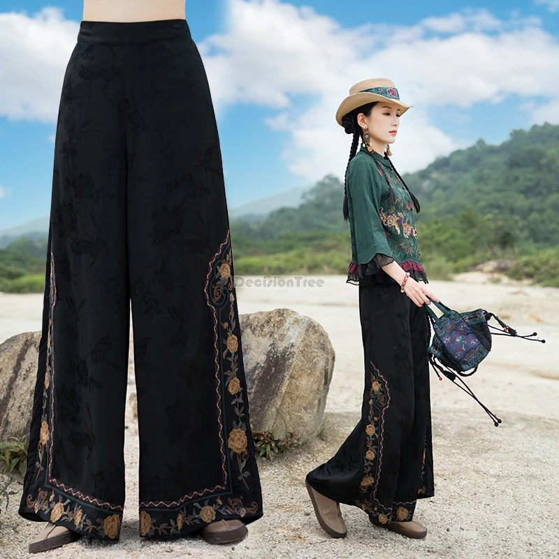 

2024 summer new chinese national retro style embroidery elastic waist retro wide leg trousers women long daily loose pants t001