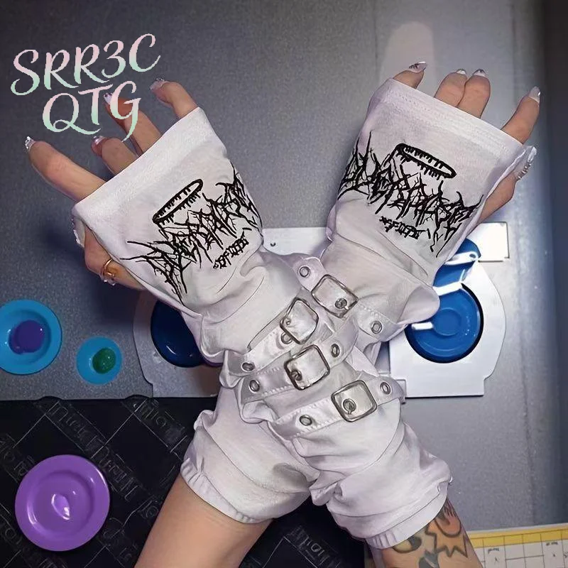 Hot 1Pair Black Gothic Fingerless Long Gloves Embroidery Design Adjustable Buckles For Halloween Cosplay Punk Party Streetwear