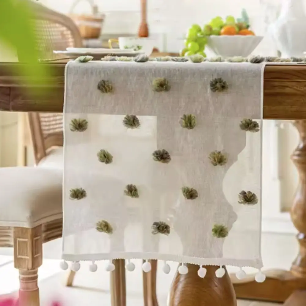 Nordic Style Lace Table Runner Gauze Rectangular Dining Table Cloth with 3D Pom-poms French-style Bookcase Cover Wedding