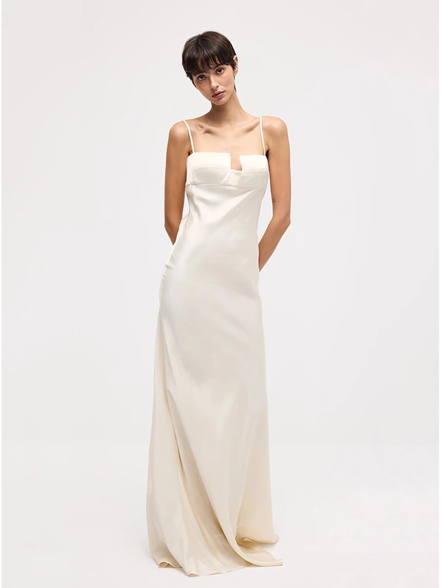 REDDACHiC Satijn Witte Feestjurk Vrouwen Vierkante Beha Backless Hemdje Bodycon Maxi Lange Jurk Bruiloft Gast Elegante Formele Kleding