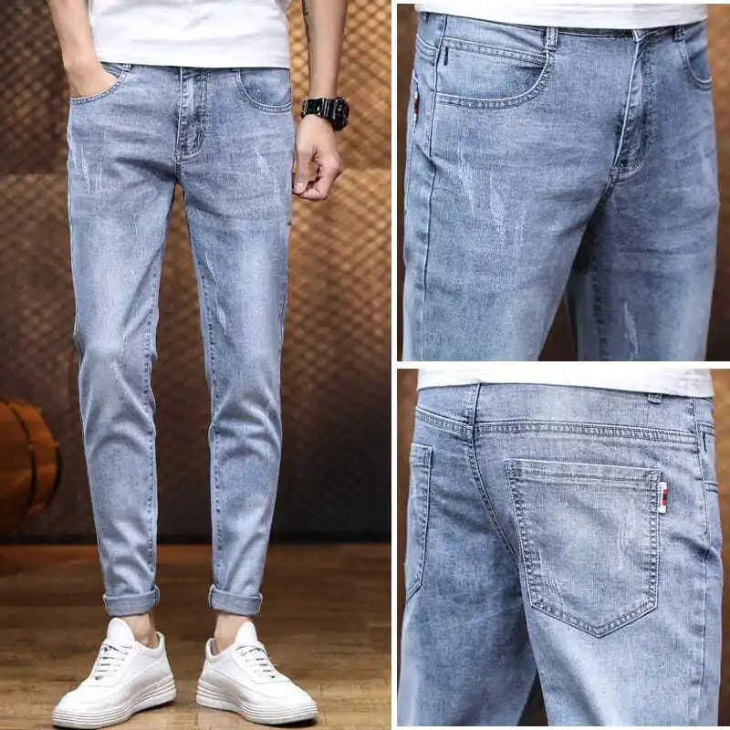 

Spring Autumn Denim Slim Jeans with HOLE 2024 Men's Fashion Jeans Trendy Casual Light-Colored Washed Luxury Clothing Long Pants