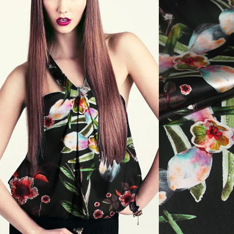 

105CM Wide 20MM White Red Floral Print Black Stretch Silk Satin Fabric for DIY Sewing Summer Spring Suit Dress Jacket Skirt C011