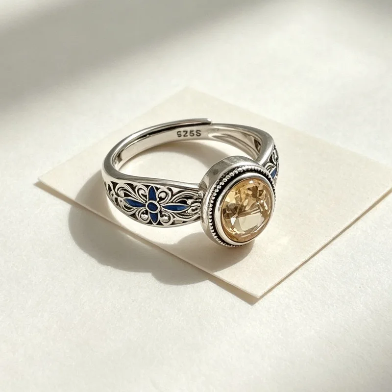 BF CLUB 925 Sterling Silber Ring für Damen, Schmuck im Retro-Stil mit orangefarbenem Stein, offener Vintage-Handgefertigter Ring, allergiefrei, für Party, Geburtstagsgeschenk – Detail 5