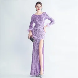 Luxury Elegant with A Bling and Feathers Women Long Dresses Split Sequin Glitter Evening Wedding Guest Special Events Formal