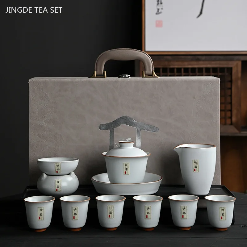 

Ceramic Tea Set One Pot Six Cups Gift Box Suit High-grade Ru Kiln Tea Infuser Handmade Beauty Covered Bowl Teacup