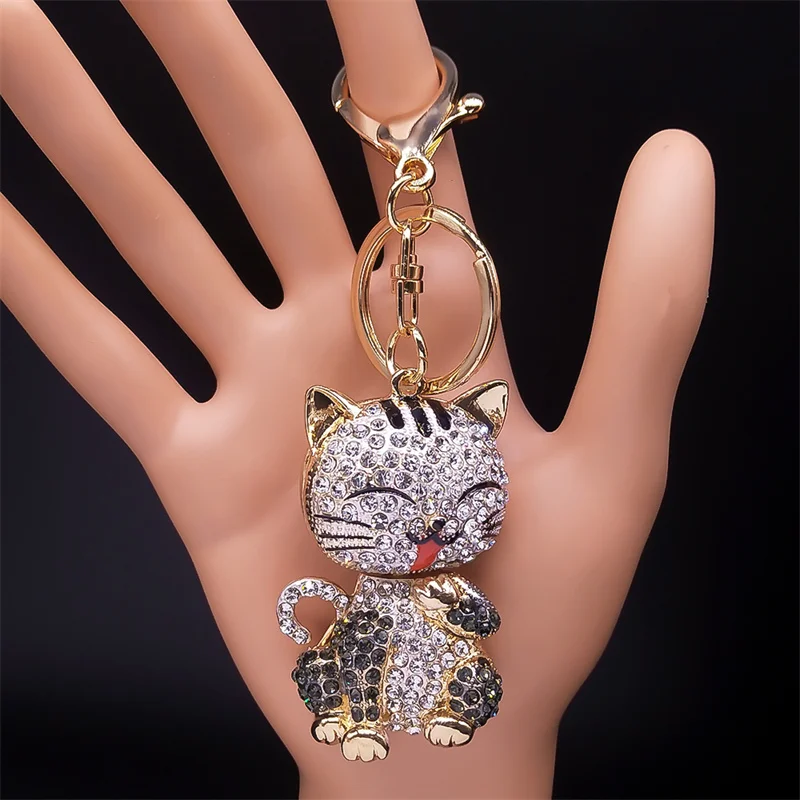 Cartoon Cat Keychain Rhinestone Gold Color Cute Kitty Keyring Holder Creative Gift Fashion Jewelry llaveros para mujer