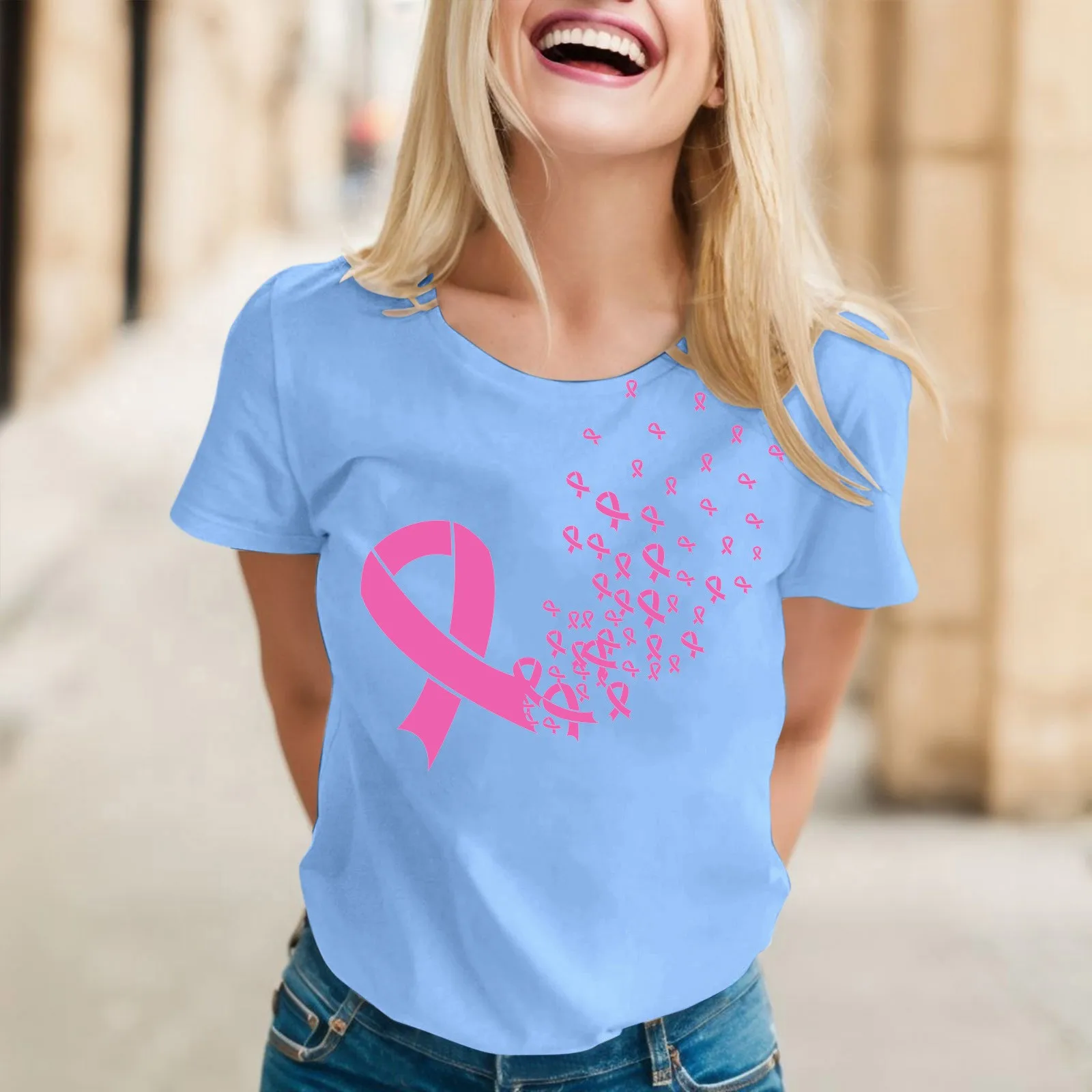 October Ladies T-Shirt Breast Cancer Awareness Graphic T Shirts For Women Round Neck Short Sleeve Female Tees Cancer Du Sein