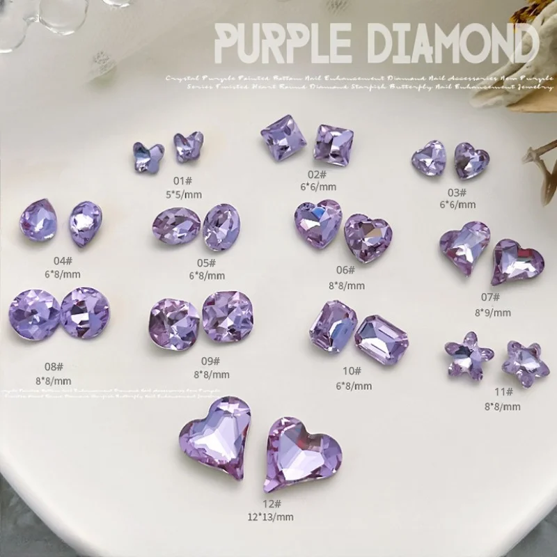 10pcs Purple Crystal Pointed Bottom Special-shaped Diamond Sparkling Peach Heart Butterfly Nail Decoration Accessories