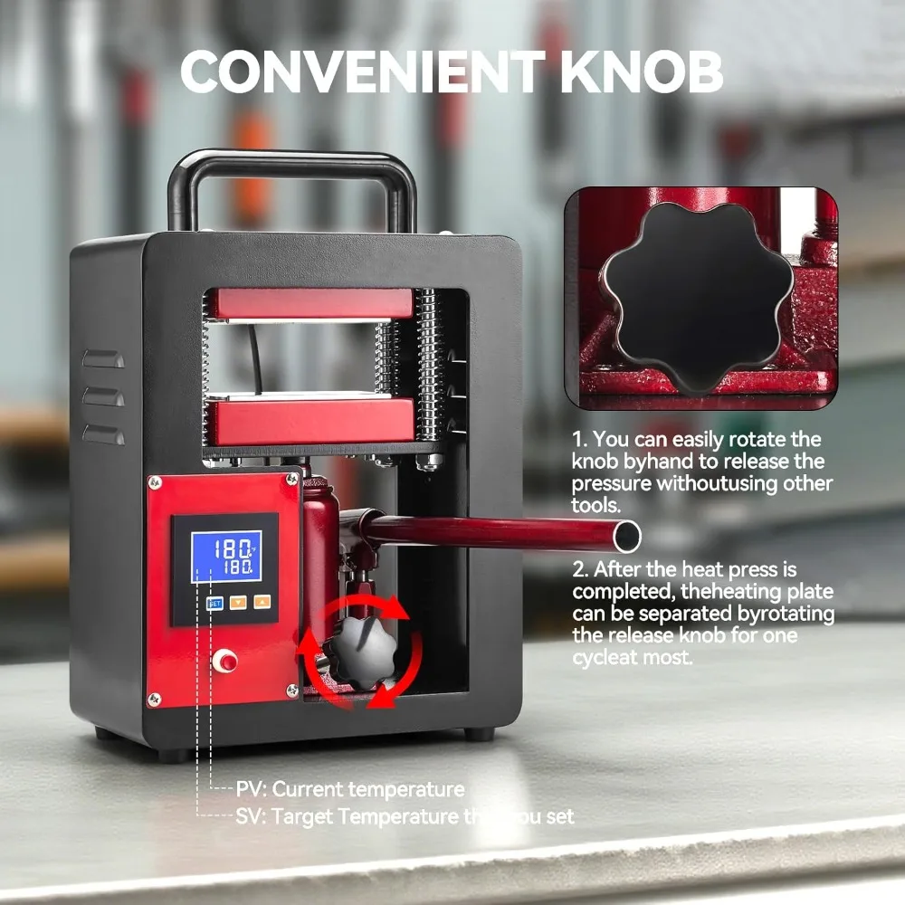 أطقم المطاعم ماكينة ضغط حراري هيدروليكية محمولة 5 طن 2.3 × 4.7 بوصة لوحة تسخين مزدوجة، أحمر/أسود #1