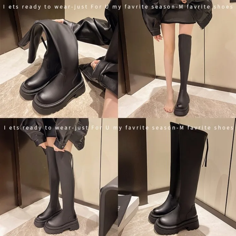 Winter Women Over-the-Knee Boots Punk Style Square High Heel Zipper Shoes Pleated Pointed Toe Ladies Long Booties Over-the-Knee