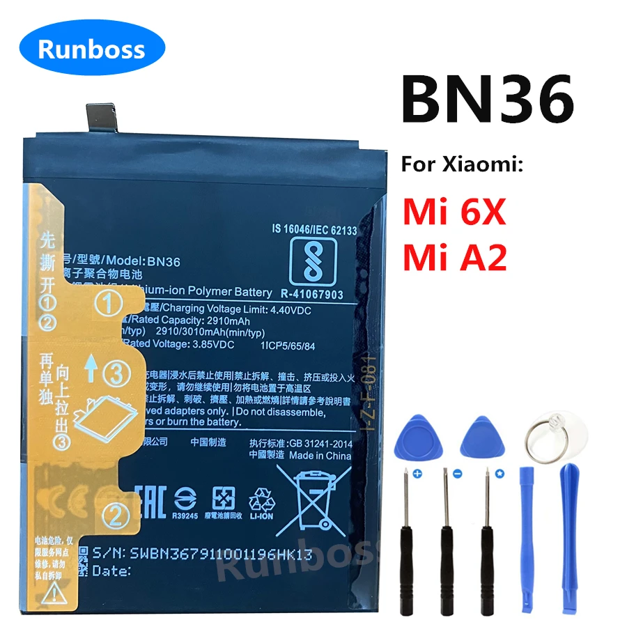 

New BN36 3000mAh Original Battery For Xiaomi Mi 6X A2 Mi6X MiA2 Smart Phone Batteries + Tools