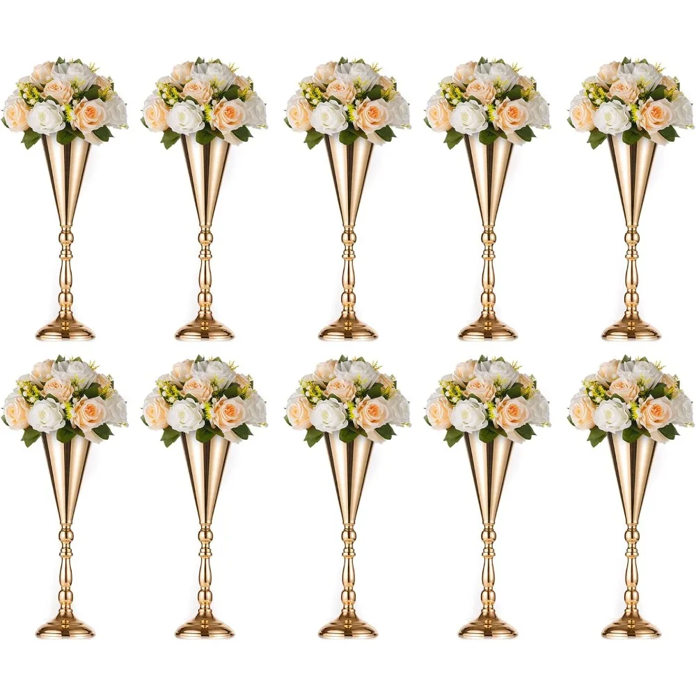 

10 Pcs Tabletop Gold Metal Wedding Flower Trumpet Vase,16.5 inch Centerpiece Artificial Flower Arrangements for Party Decoration