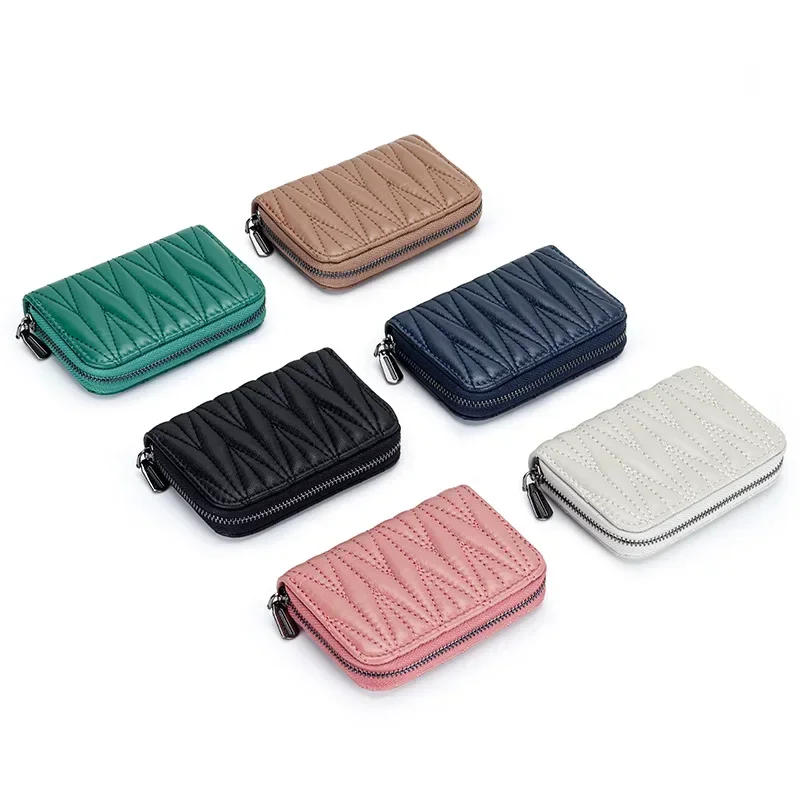 Fashion Women's Card Bag Genuine Sheepskin Leather Designer Wrinkle Credit Cards Holder Coins Organizer Wallet Women Coin Purse