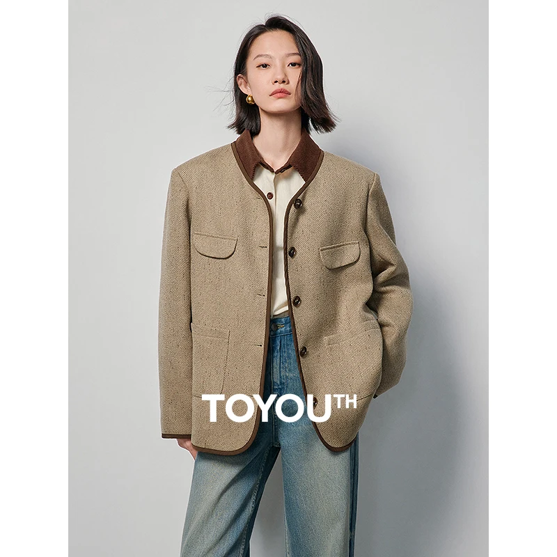 

TOYOUTH Women Jacket Coat 2024 Spring New Contrast Color Pocket Single Breasted Button V neck Outwear Jacket