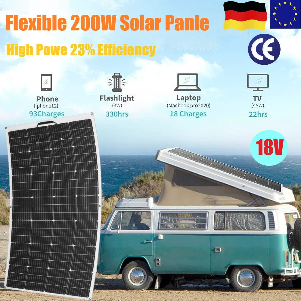 200W 18V Flexible Solar Panels Kits Home Charging Solar Cells Off -grid 12V Outdoor Camping RV Rechargeable Battery PV Connector