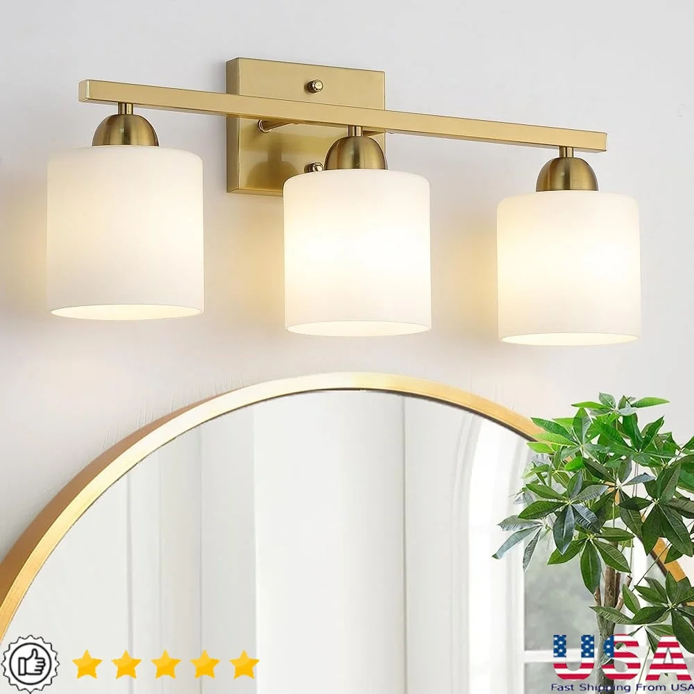 

Stainless Steel Bathroom Vanity Light Fixtures 3 Light Frosted Glass Over Mirror Brushed Gold Dimmable Easy Installation
