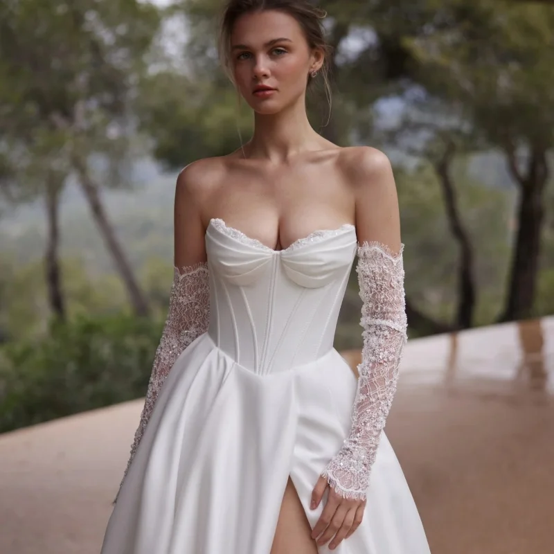 

Satin White Wedding Dresses off-shoulder A skirt decal vent Long tail Bridal Gowns Made Customized