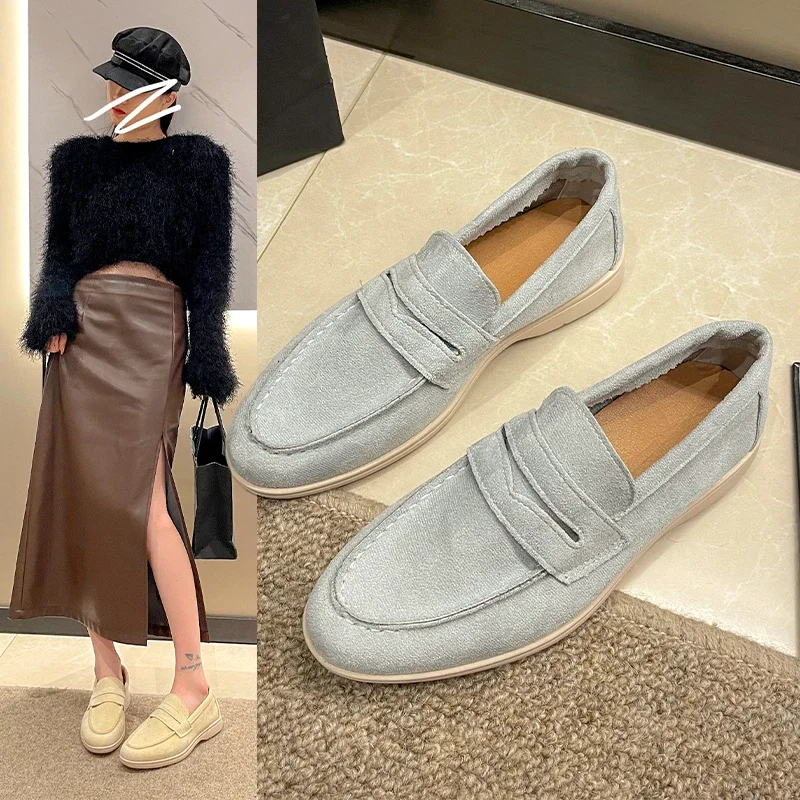 Women Flat Shoes Khaki Suede Summer Walk Shoes Slip-on Lazy Loafers Causal Moccasin Comfortable Mules Driving Shoes 2024