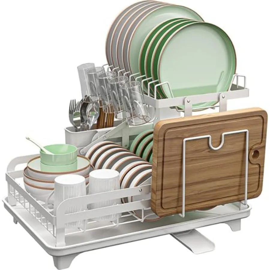 

Двухуровневая сушилка для посуды с автоматическим дренажем и подставкой для чашек, экономит место на кухонной столешнице