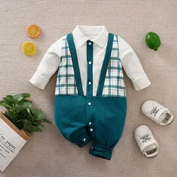 Spring And Autumn Newborn Boys And Girls Gentleman Style Handsome Checkered Toddler Cotton Long Sleeved Baby Bodysuit