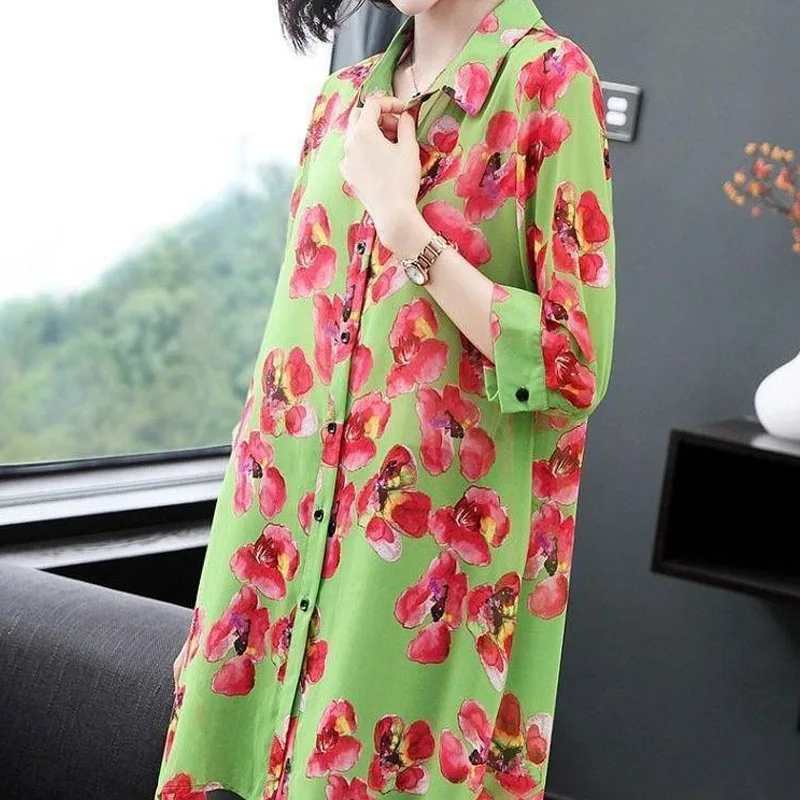 Summer Women\'s Clothing Casual Loose Midi Printed Floral Shirt Single-breasted Fashion Vintage 3/4 Sleeve Chiffon Blouses