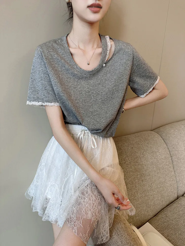 Gray round Neck Hollow out Short Sleeve T-Shirt Women's Summer New Lace Design Elegant Top Korean Style Standard Fit Pure Color