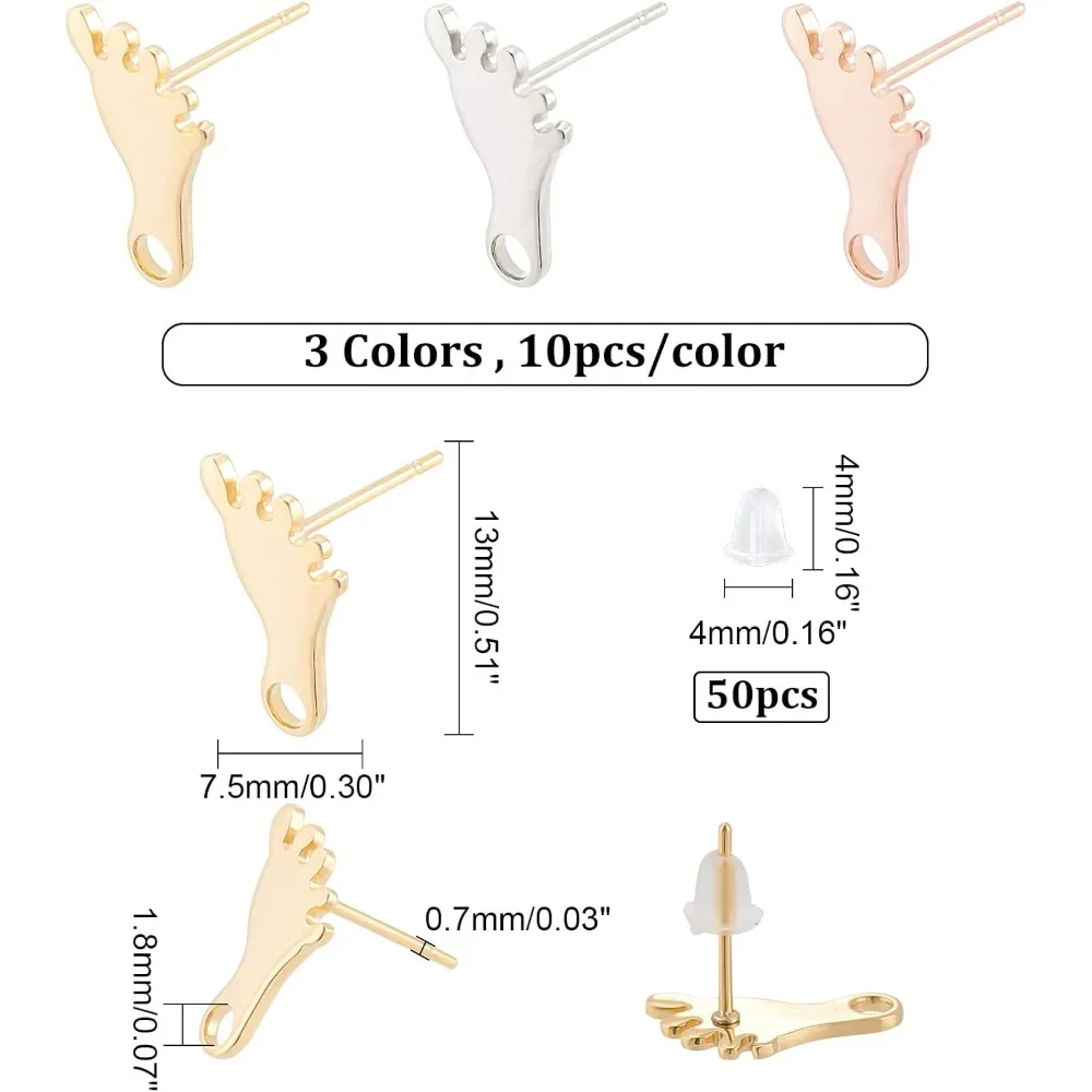 30Pcs 3 Colors Foot Print Stud Earring Hypoallergenic Earring Posts with Loop Stainless Steel Feet Shape Stud Ear