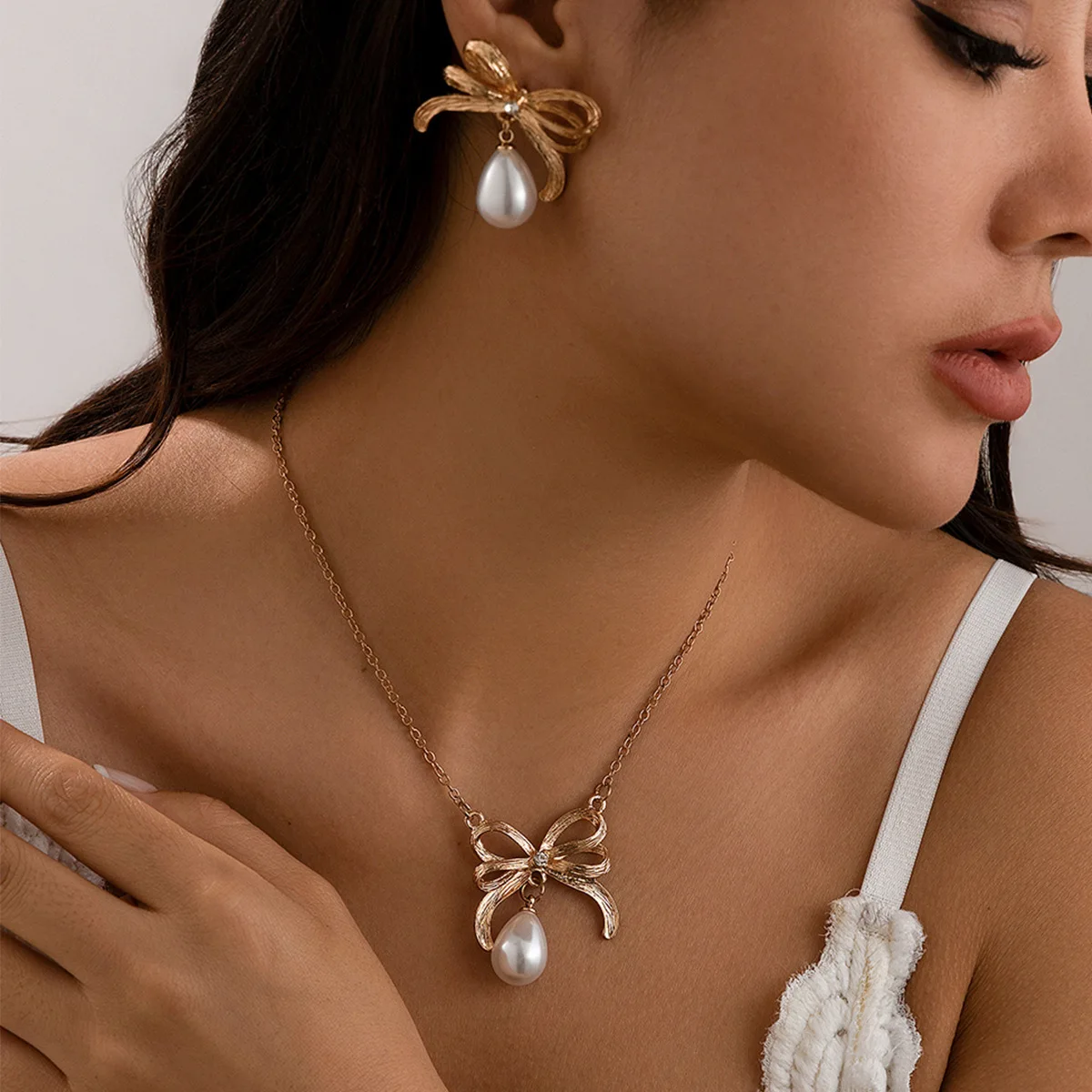  Knot Pearl Nelace Metal Design Ribbon Pendant Faion Jewelry Single Layer No Brand Silk Ribbon Nelace