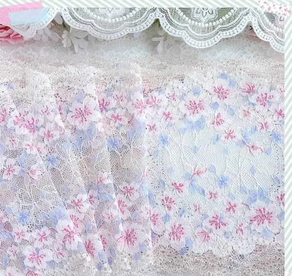 Tissu en dentelle Tulle élastique à fleurs roses de 17CM de large, pour sous-vêtements, soutien-gorge, garniture à franges, robe de mariée, rideau, décoration, matériaux de couture