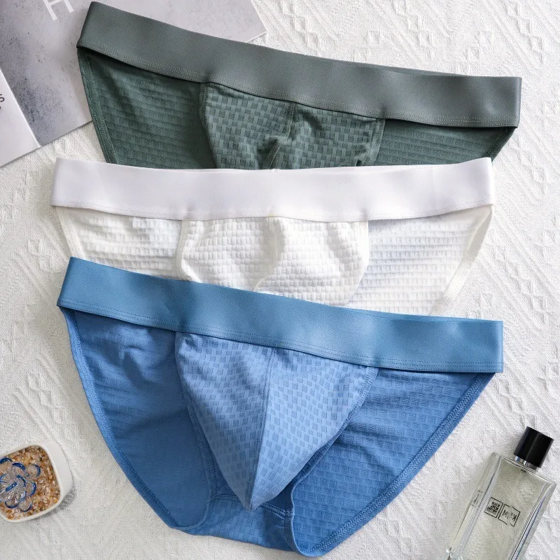 Men's Underwear with High Cross Width Waistband Low Waist Briefs Special Grid Pattern Design U Convex Pocket Triangle Underpants