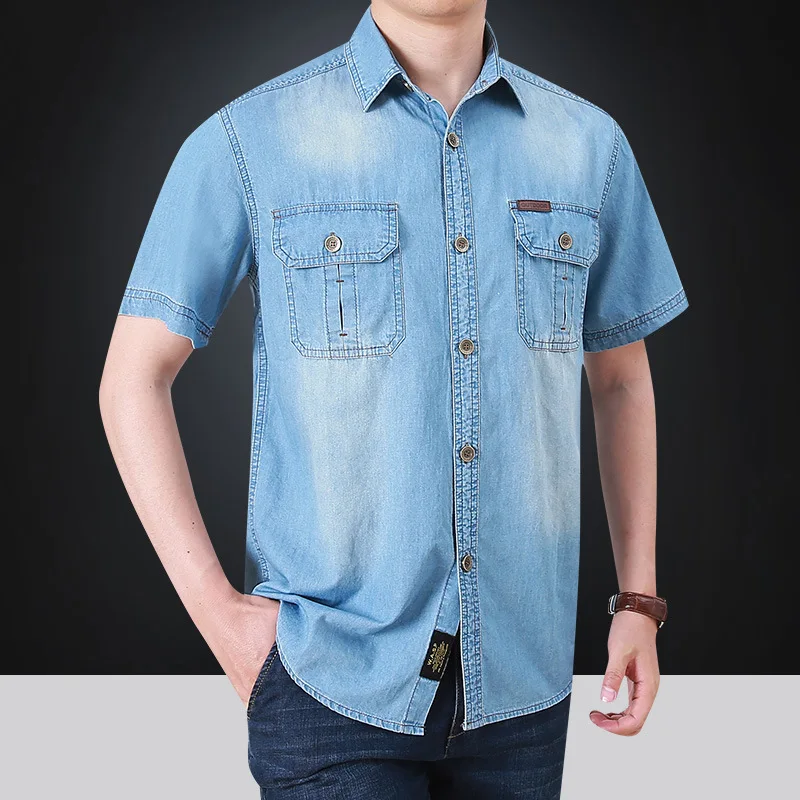 Military Denim Shirts Men Summer Casual Short Sleeve Cargo Cowboy Shirt Male Big Size 5XL Washed Blue Army Shirts Chemise Homme