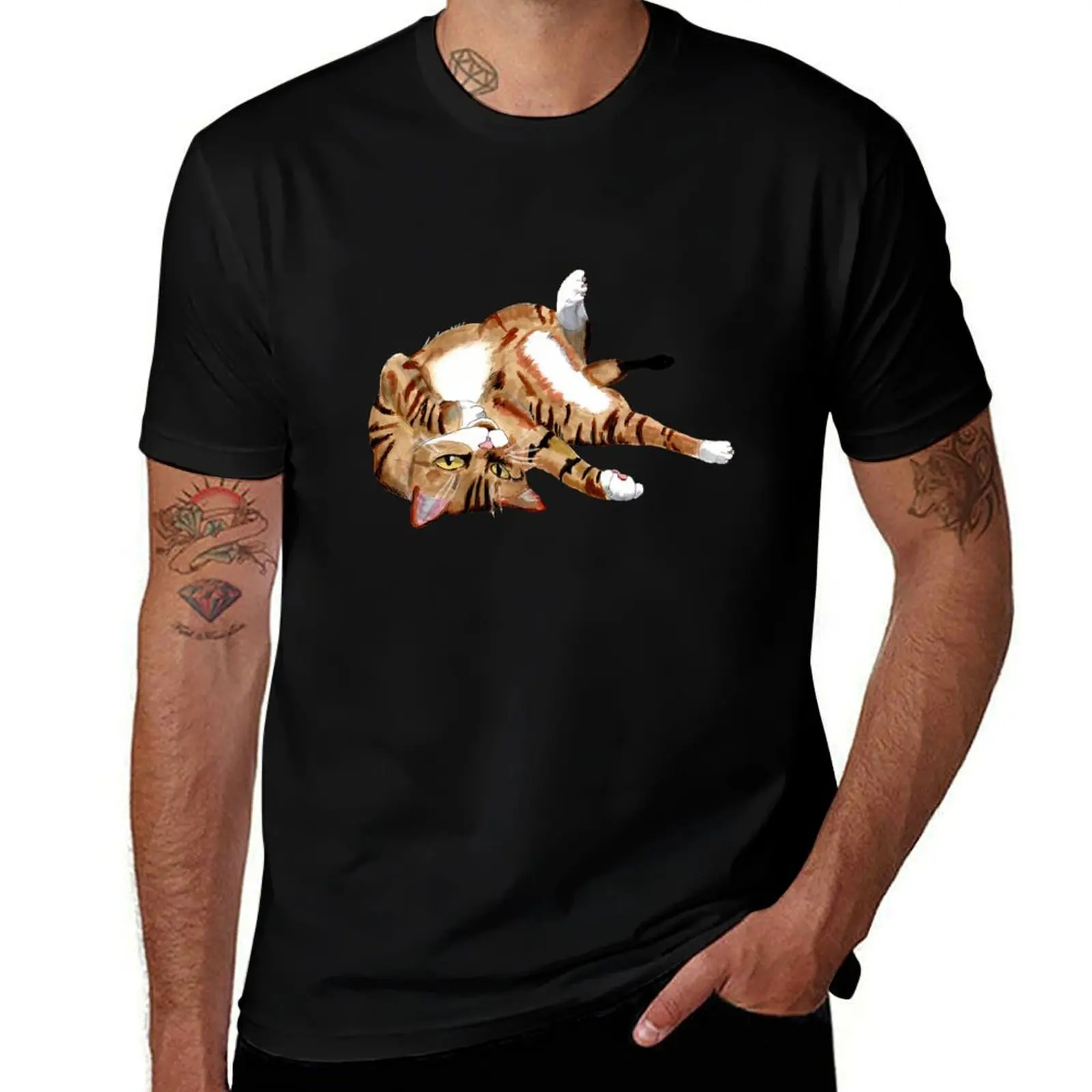 Playful Cat Marker Art. T-Shirt Outdoor Work Short Sleeve Top T-Shirt
