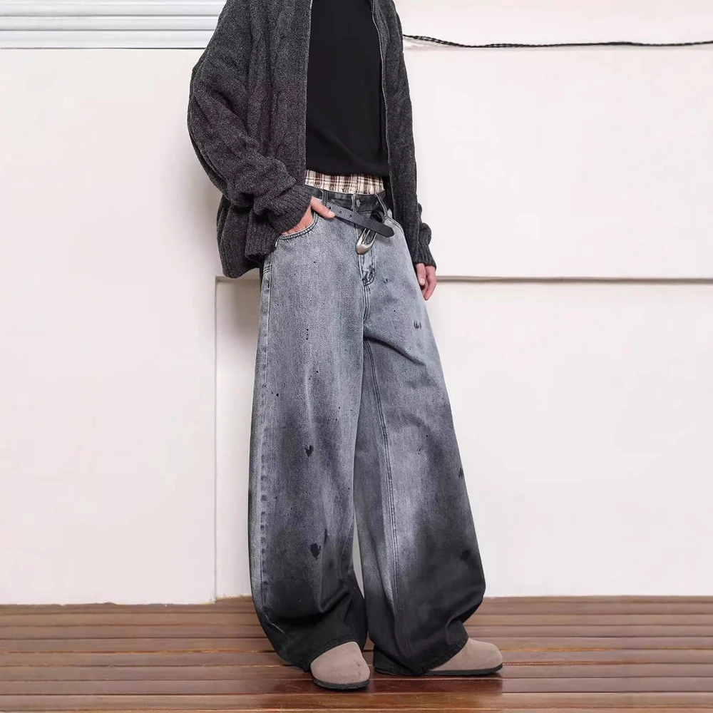 メンズジーンズ洗浄カジュアルパンツストリートアメリカンレトロファッションオールマッチ人格ワイドレッグパンツ紳士服 2025 新しい