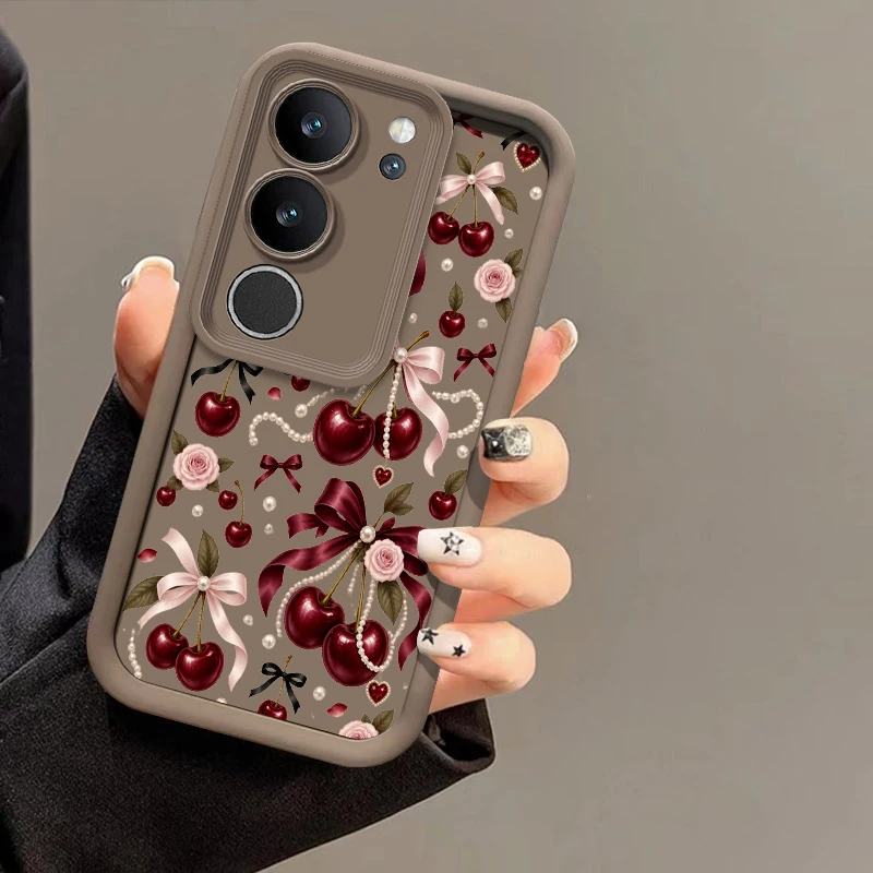 Capa de Telefone com Padrão de Laço de Cereja em Estilo Cartoon para Redmi 15 13 12 15C 15A 14C 13C 12C 11A, Silicone Macio Anti-Riscos, Proteção Total