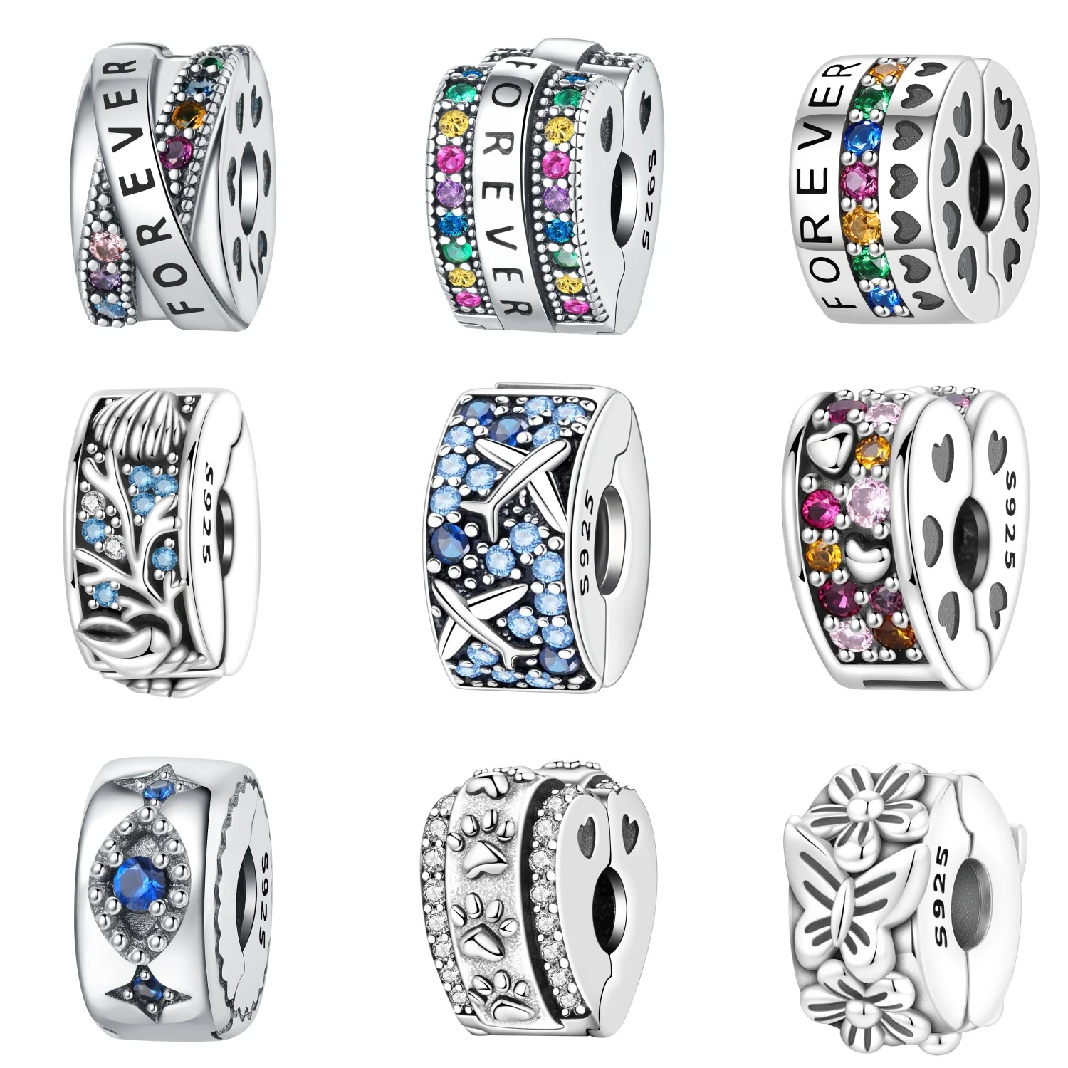 S925 Sterling Silver Colorful FOREVER Zircon Locating Stopper Bead Slide Lock Spacer Clip Charm for Bracelet DIY Jewelry Making