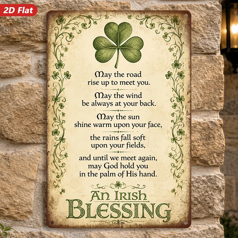 1pc Irish Blessing Charm Metal Sign Wall Art, Home Decor, Green Shamrock Motif, Vintage Parchment Background