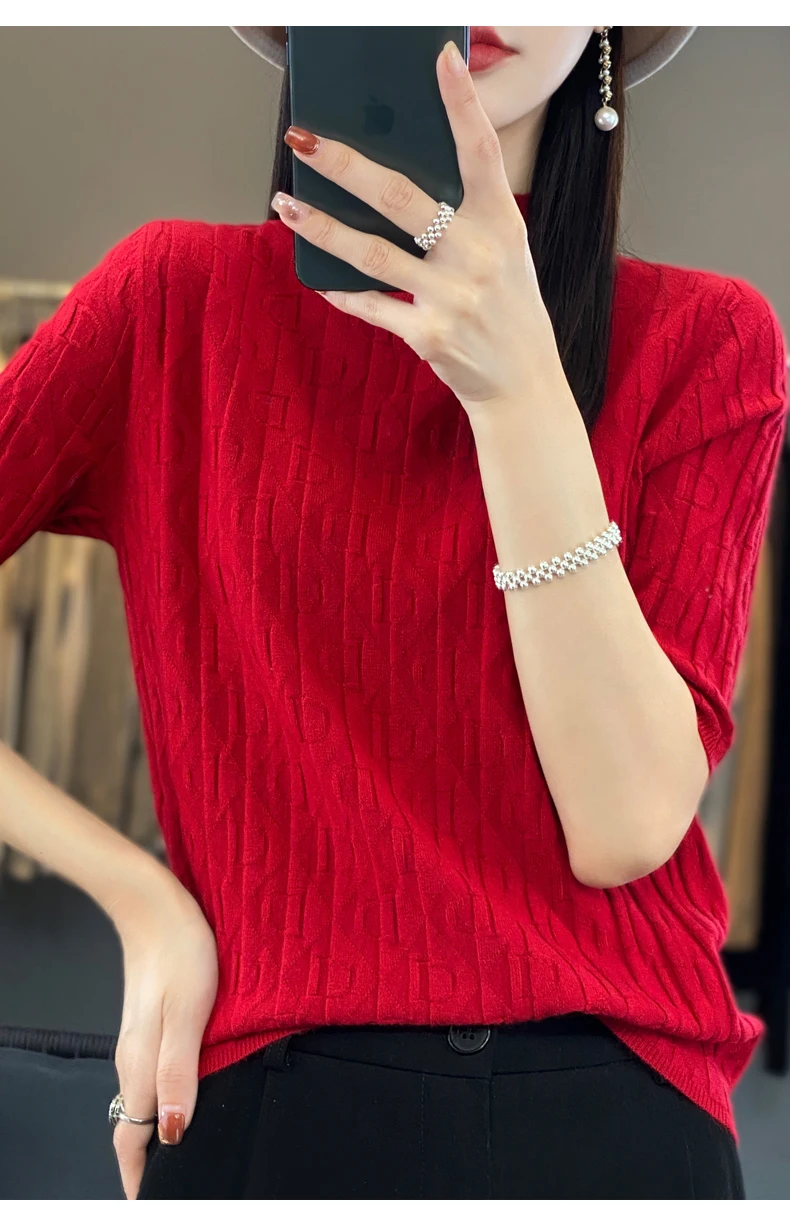 Women New Soft Diamond Letter Design Sweater Half-high Collar Three Quarter Sleeve Pullover Spring Summer Casual Knit Slim Top