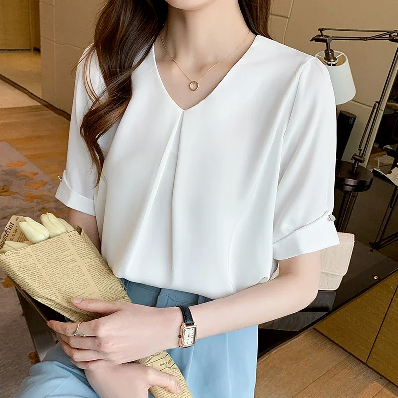 Summer Short Sleeve Women Blouse Casual V-Neck White Chiffon Blouse Shirt Women Tops Blusas Mujer De Moda 2024 Verano Blusa F456