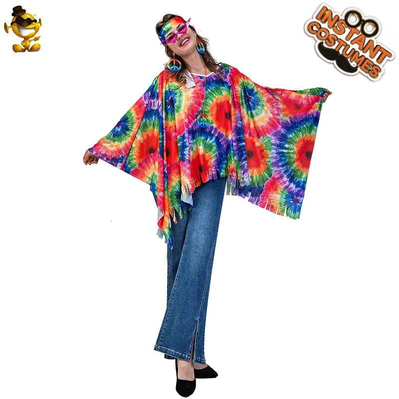 Erwachsene Frauen Hippie Kostüm 60er 70er Jahre Hippie Disco Umhang Halloween Cosplay Party Phantasie Retro-Outfit