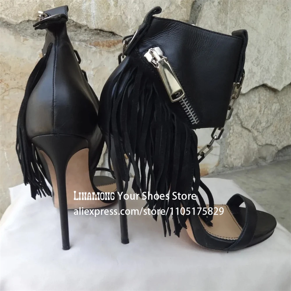 

Metallic Chain Fringed Sandal Booties Designer Style Open Toe Summer Boots Punk Style Zipper Embellished Vintage Women Footwear