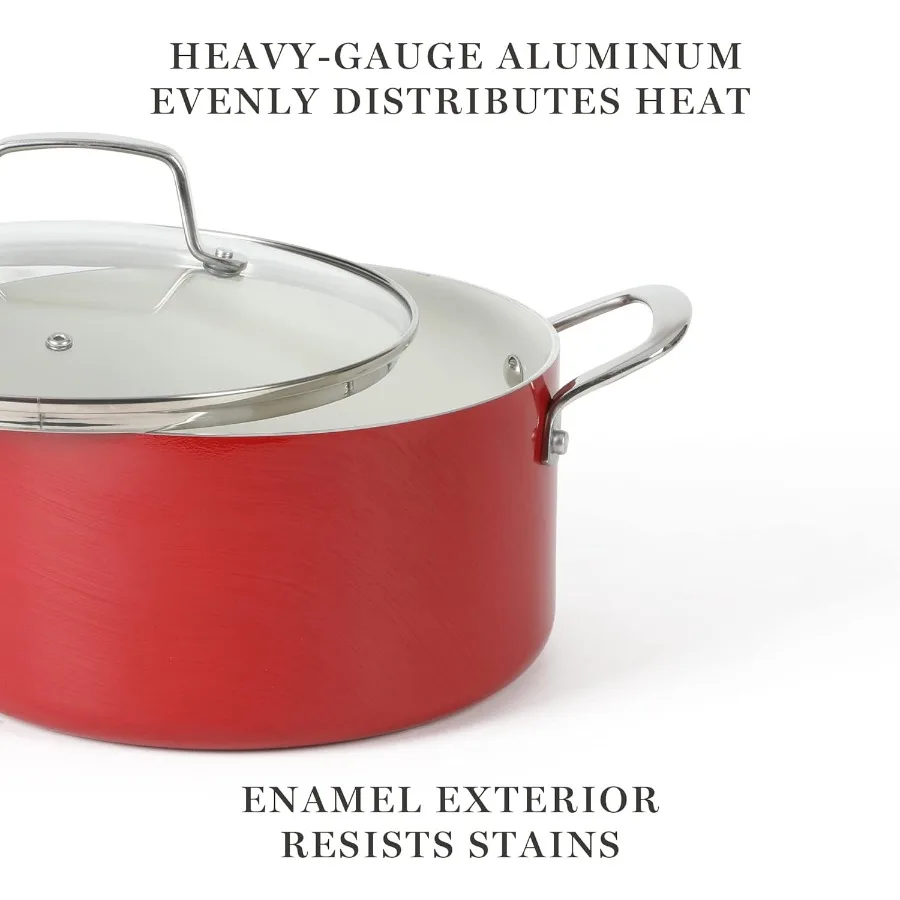 مجموعة أواني ومقالي من الألومنيوم غير لاصقة خالية من مادة PFA من Lockton مكونة من 10 قطع من المينا الثقيلة المصنوعة من الألومنيوم باللون الأحمر #4